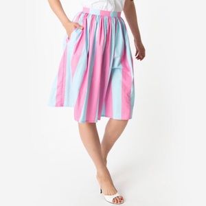 1950 Style Pink & Blue Striped Pleated Swing Skirt